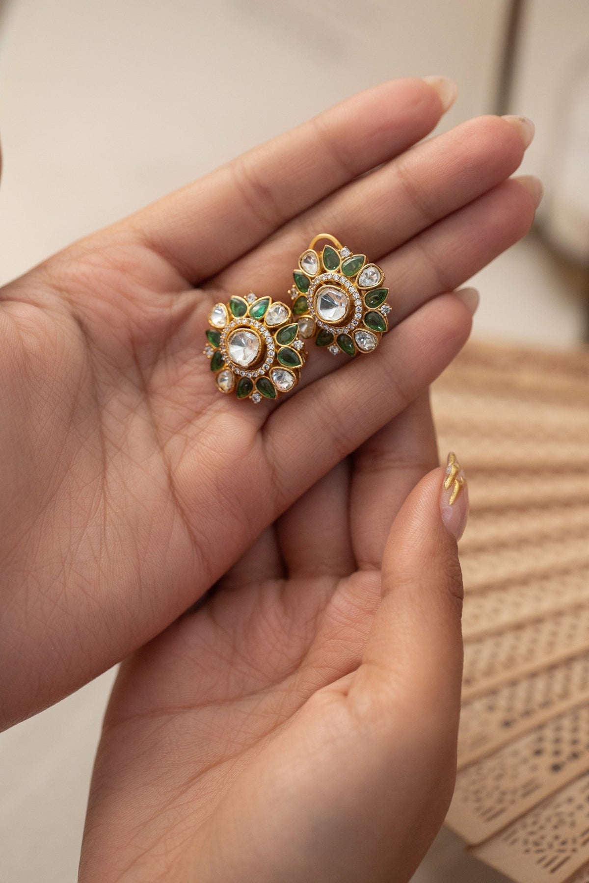 Gold Plated Kundan Polki & Green Garnet Stone Stud Earrings