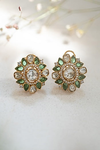 Gold Plated Kundan Polki & Green Garnet Stone Stud Earrings