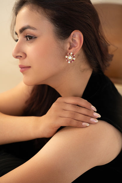 Gold Plated Kundan Polki & Pink Garnet Stone Stud Earrings