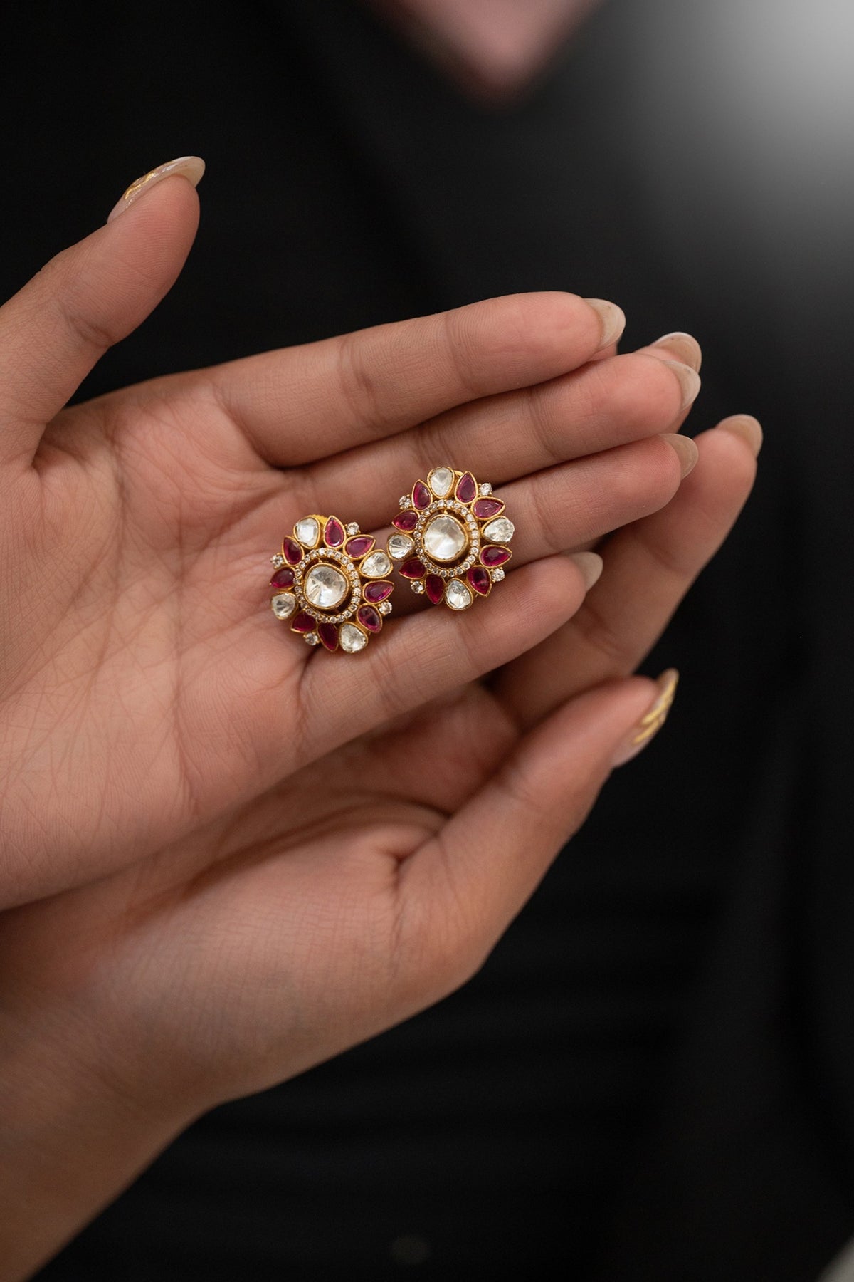 Gold Plated Kundan Polki & Pink Garnet Stone Stud Earrings