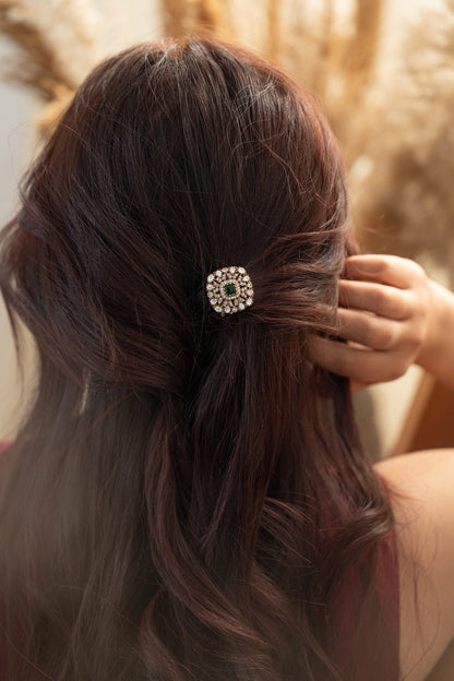Gold Plated Kundan Polki & Green Stone Braid Pin