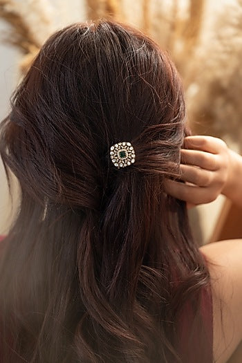 Gold Plated Kundan Polki & Green Stone Braid Pin