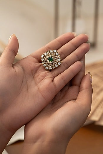 Gold Plated Kundan Polki & Green Stone Braid Pin