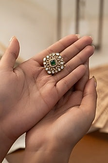 Gold Plated Kundan Polki & Green Stone Braid Pin