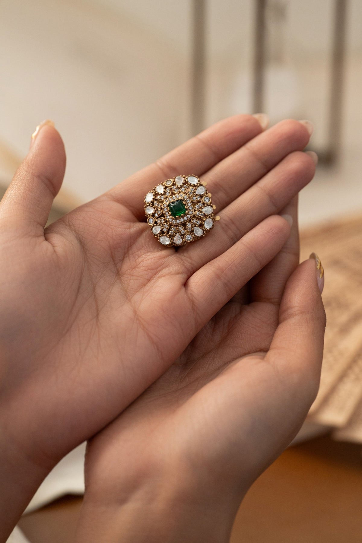 Gold Plated Kundan Polki & Green Stone Braid Pin