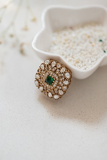 Gold Plated Kundan Polki & Green Stone Braid Pin