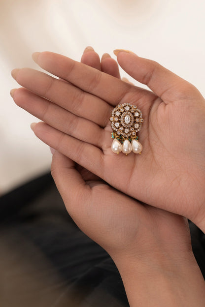 Gold Plated Kundan Polki & Cubic Zirconia Braid Pin