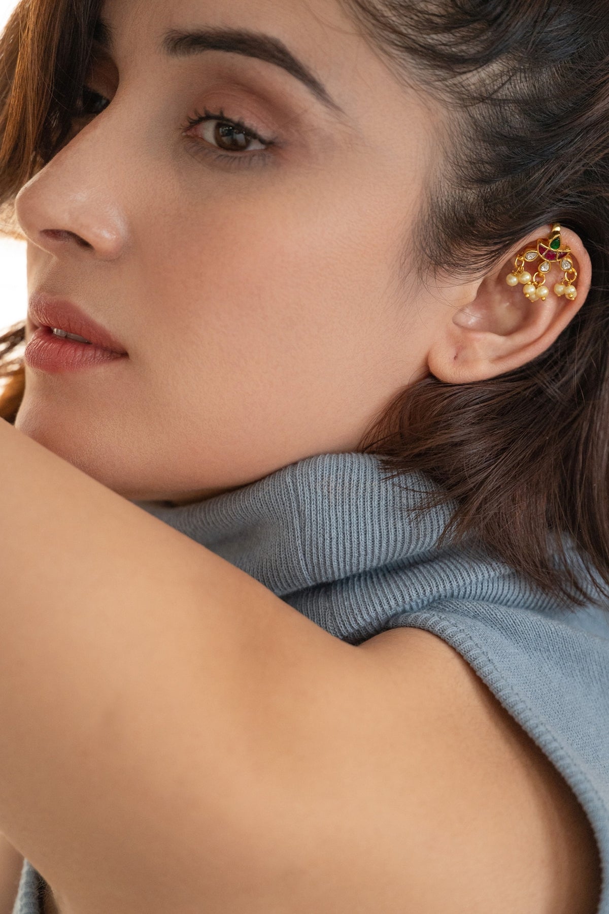 Gold Plated Kundan Polki & Pearl Earcuff