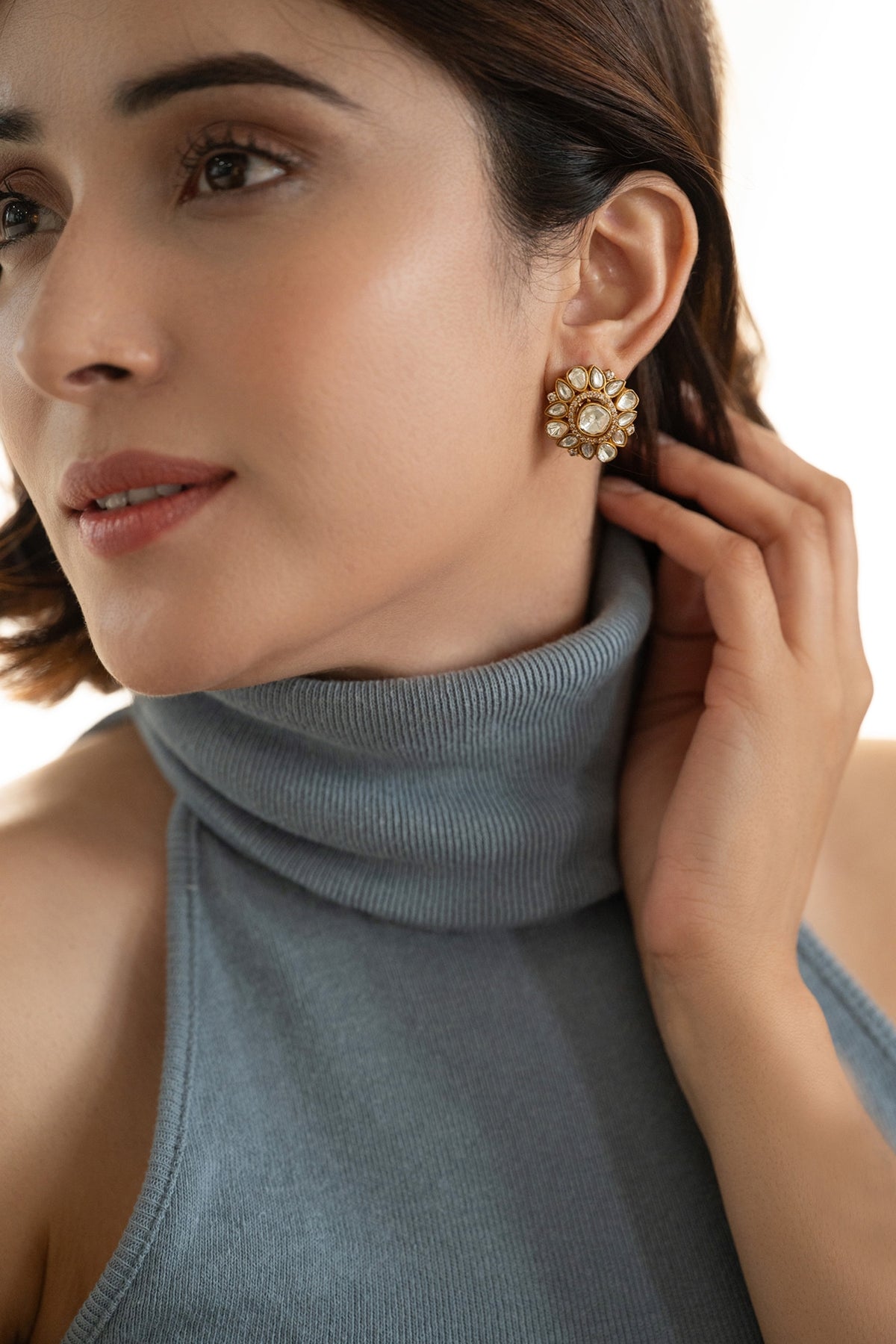 Gold Plated Kundan Polki & Cubic Zirconia Stud Earrings
