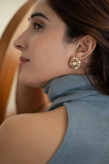 Gold Plated Kundan Polki & Cubic Zirconia Stud Earrings