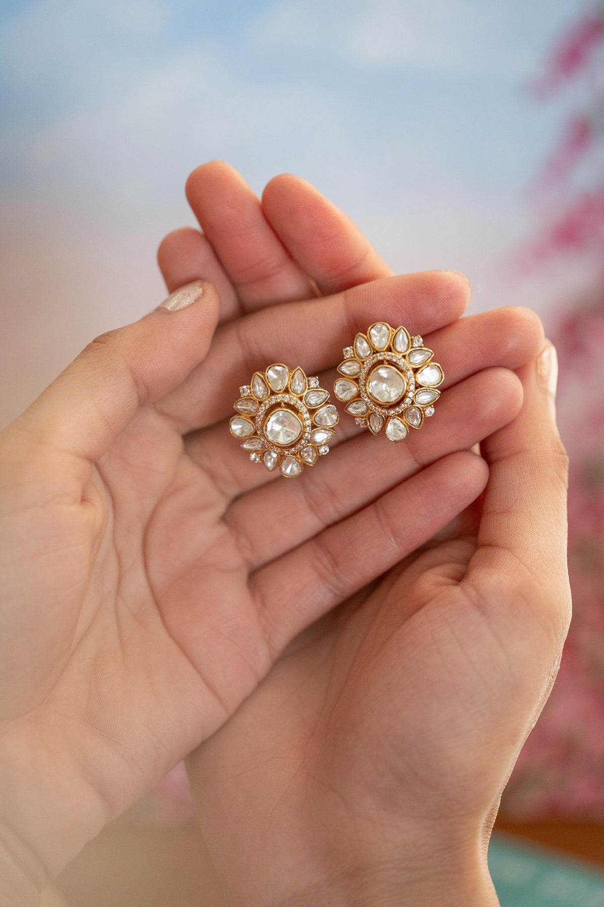 Gold Plated Kundan Polki & Cubic Zirconia Stud Earrings