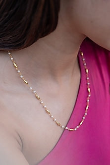 Gold Plated Stone & Pearl Long Necklace