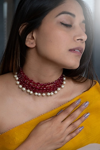 Gold Plated Red Natural Stone & Pearl Choker Necklace