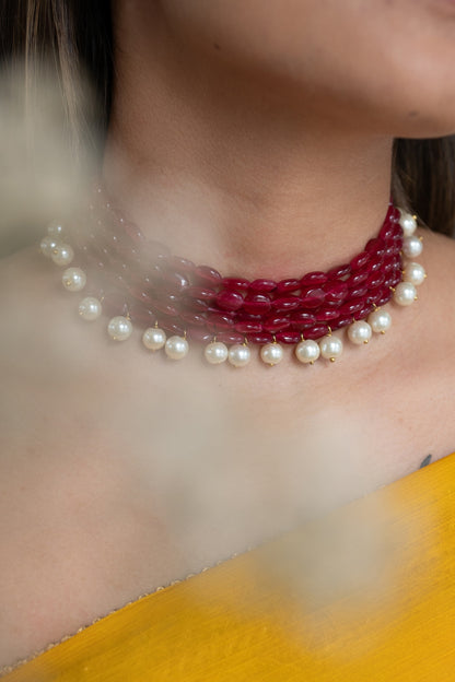 Gold Plated Red Natural Stone & Pearl Choker Necklace
