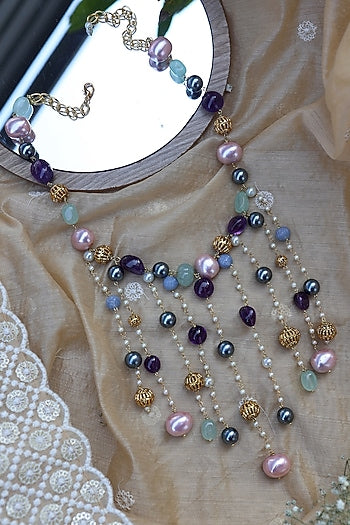 Gold Plated Multi-Colored Natural Stone & Pearl Necklace