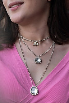 Silver Rhodium Finish Kundan Polki & Cubic Zirconia Layered Pendant Necklace