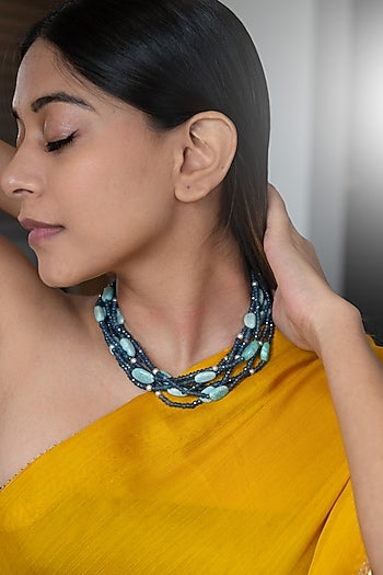 Gold Plated Blue Onyx & Agate Stone Choker Necklace