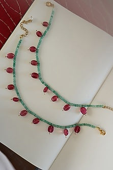 Gold Plated Green Onyx & Red Natural Stone Anklets (Set of 2)