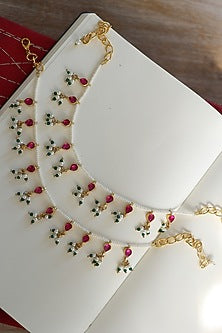 Gold Plated Green Onyx & Kundan Polki Anklets (Set of 2)