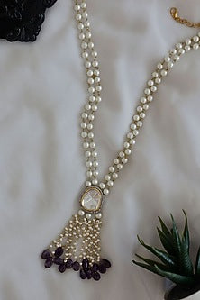 Gold Plated Amethyst Stone & Pearl Long Necklace