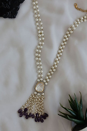 Gold Plated Amethyst Stone & Pearl Long Necklace