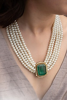 Gold Plated Emerald Crystal & Pearl Long Necklace