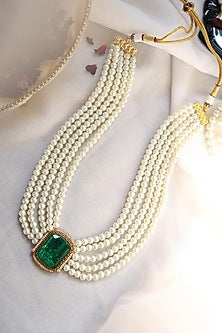 Gold Plated Emerald Crystal & Pearl Long Necklace