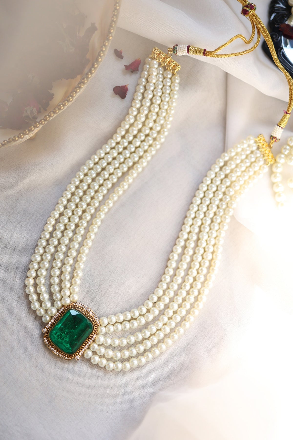 Gold Plated Emerald Crystal & Pearl Long Necklace