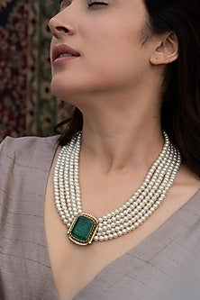 Gold Plated Emerald Crystal & Pearl Long Necklace