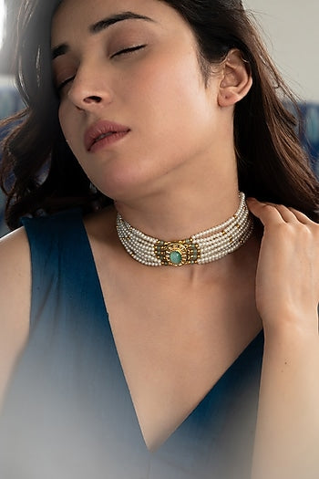Gold Plated Mint Natural Stone & Pearl Choker Necklace