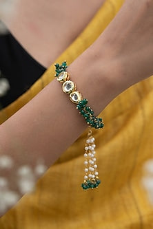 Gold Plated Kundan Polki & Green Onyx Bracelet