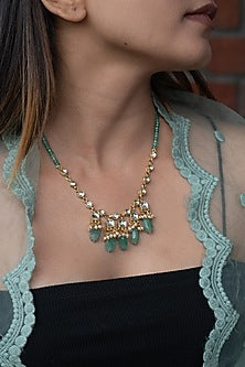 Gold Plated Mint Natural Stone & Pearl Long Necklace
