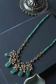 Gold Plated Mint Natural Stone & Pearl Long Necklace