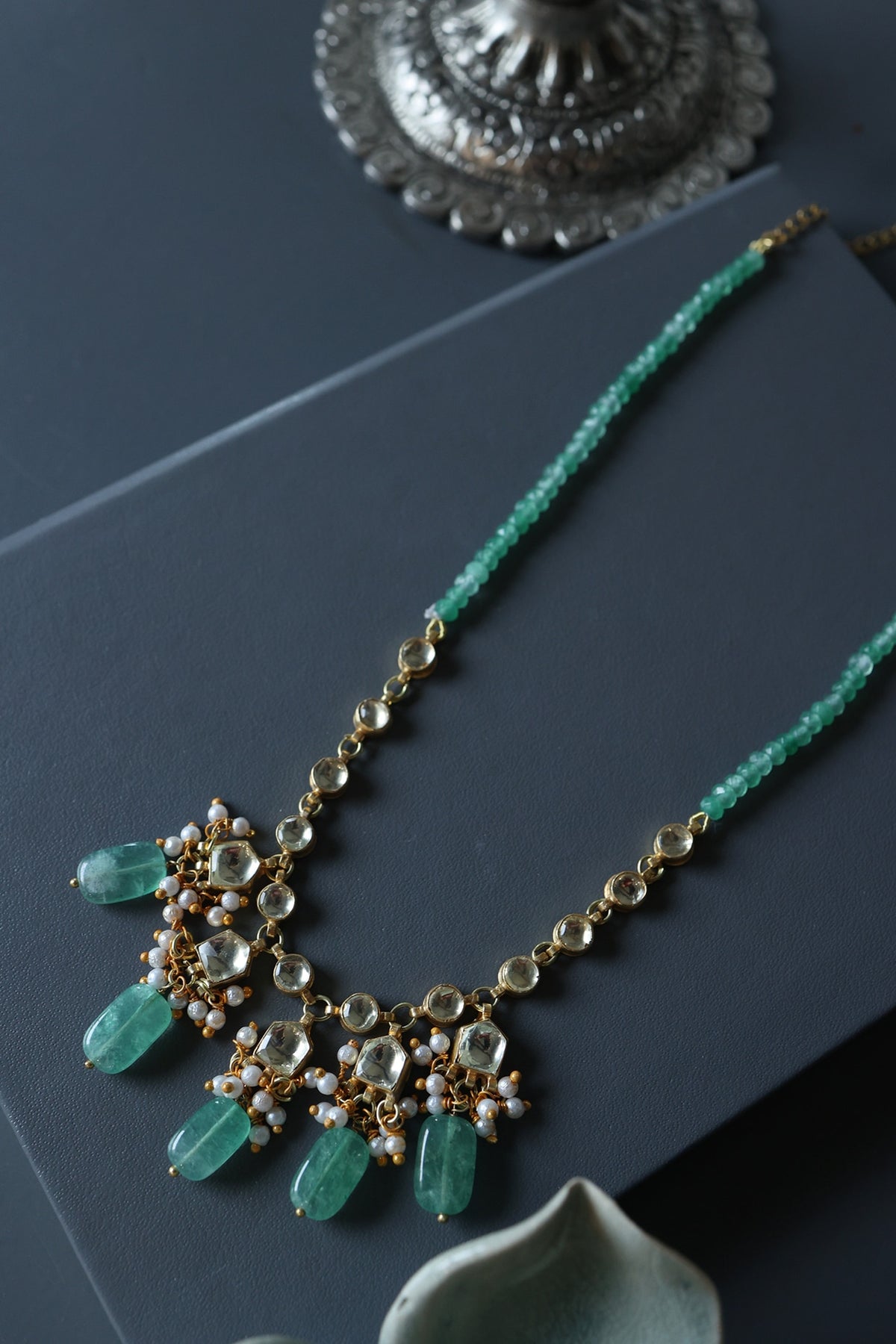 Gold Plated Mint Natural Stone & Pearl Long Necklace