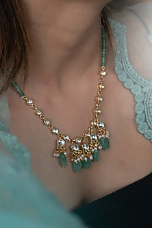Gold Plated Mint Natural Stone & Pearl Long Necklace