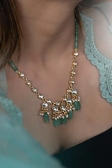 Gold Plated Mint Natural Stone & Pearl Long Necklace