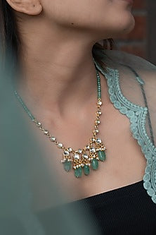 Gold Plated Mint Natural Stone & Pearl Long Necklace