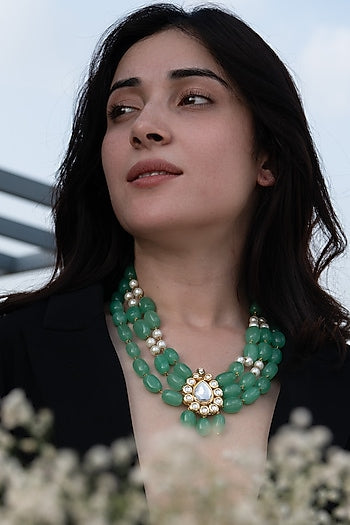 Gold Plated Natural Stone & Kundan Polki Necklace