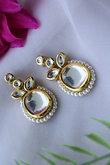 Gold Plated Kundan Polki & Pearl Dangler Earrings