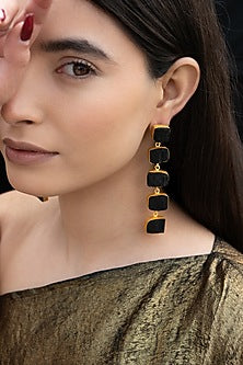 Gold Plated Black Stone Dangler Earrings