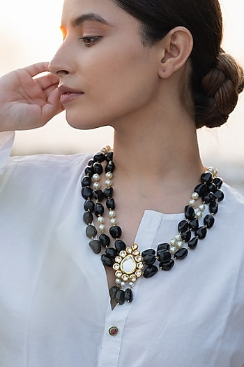 Gold Plated Kundan Polki & Pearl Necklace