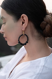 Gold Plated Black Onyx Hoop Earrings
