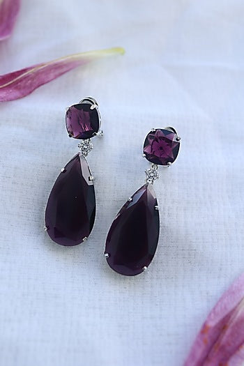 Rhodium Finish Purple Stone Dangler Earrings