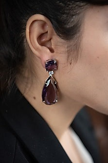 Rhodium Finish Purple Stone Dangler Earrings