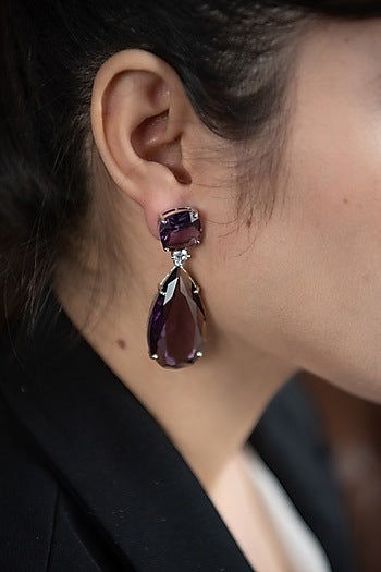 Rhodium Finish Purple Stone Dangler Earrings
