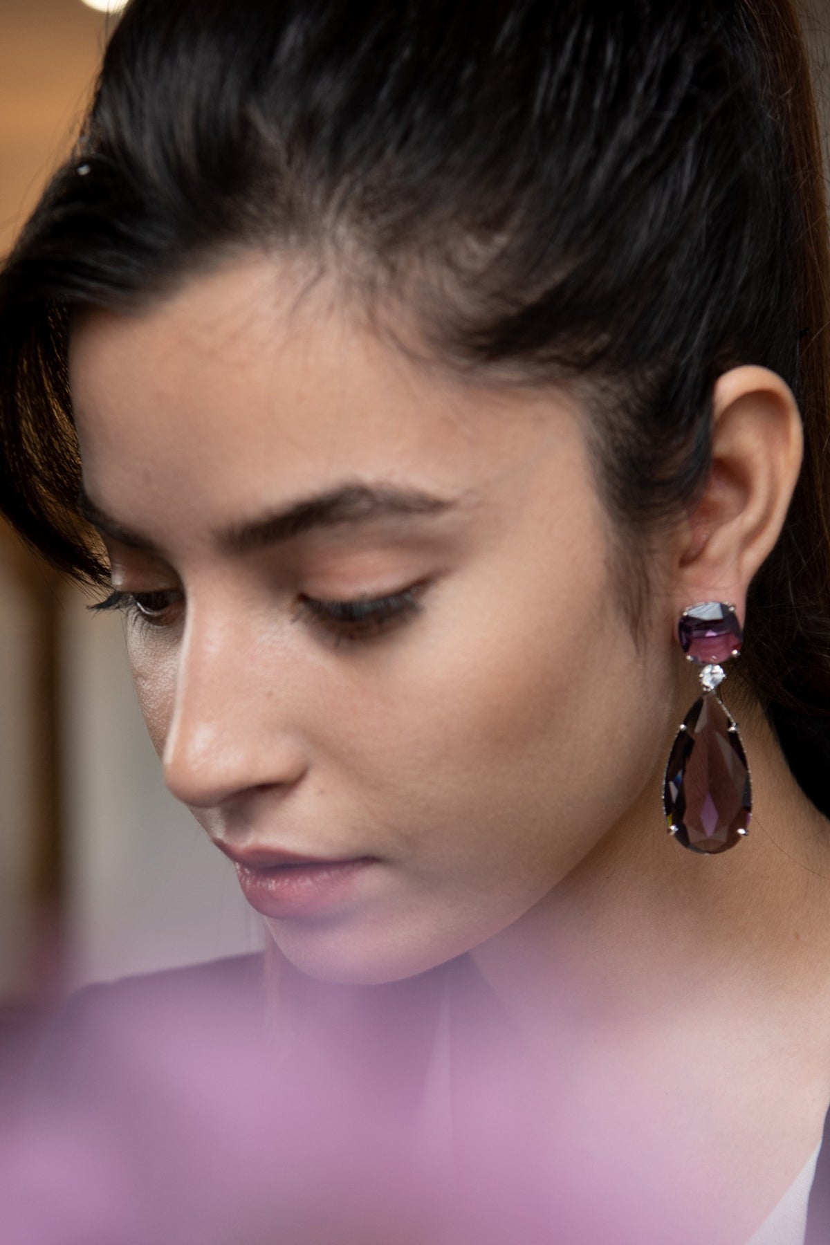 Rhodium Finish Purple Stone Dangler Earrings