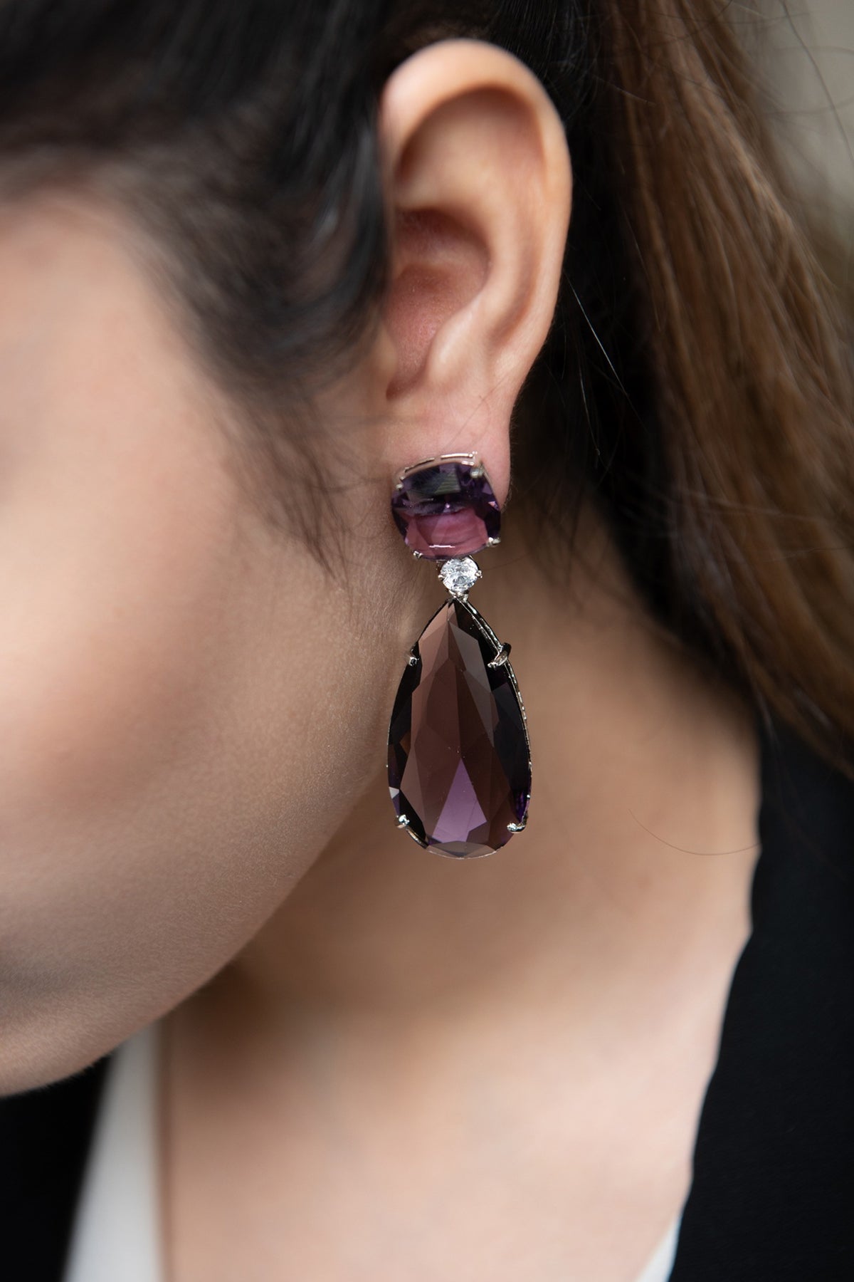 Rhodium Finish Purple Stone Dangler Earrings
