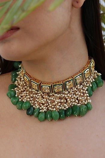 Gold Plated Natural Green Stone Choker Necklace