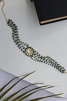 Gold Plated Kundan & Green Beaded Layered Necklace