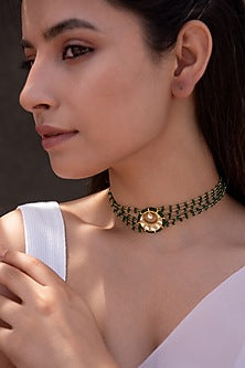 Gold Plated Kundan & Green Beaded Layered Necklace
